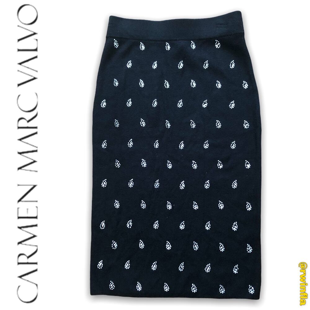 Carmen Marc Valvo Black with Silver Jeweled Pencil Skirt Elastic Waist Size Sm